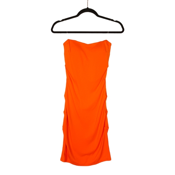 NEW AKIRA BLACK LABEL Orange Strapless Bodycon Stretchy Ruching Dress Small - Picture 2 of 10